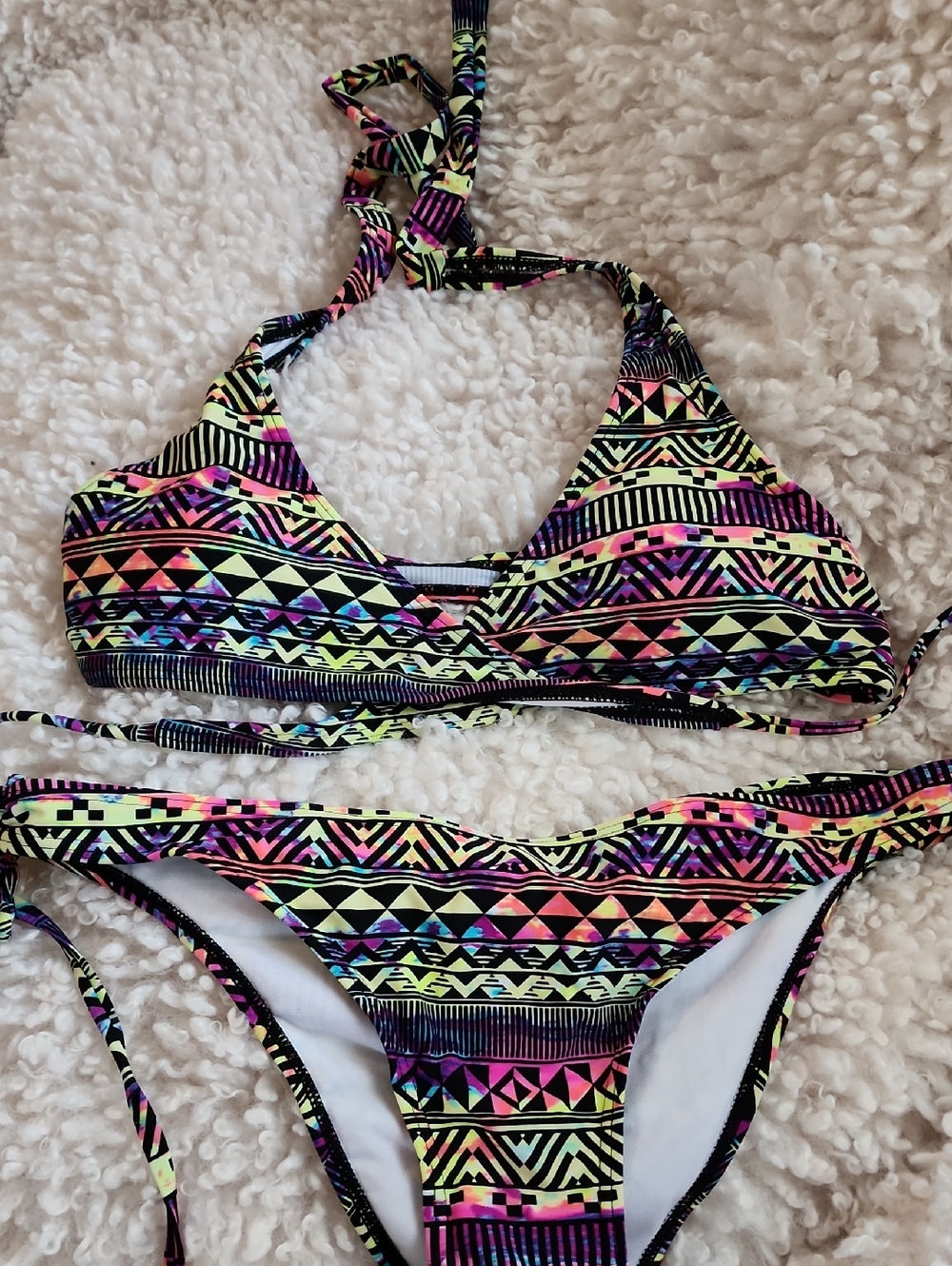 Neon Aztec Print Two-Piece Bikini - Multicolor. Size xl 11-13. Island Love